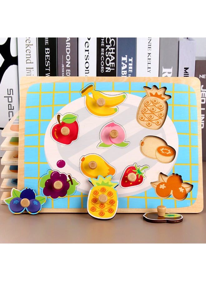 Direct Hand-held Plate Jigsaw Puzzle Children's Early Education And Intelligence Wooden Toys Digital Letters Fruit Geometric Shapes-Color:OJR-Big Wooden Nail Hand Grab Board Happy Farm - Image 3